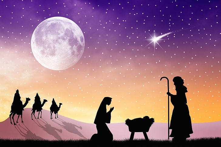 Holiday, Christmas, Jesus, Mary (Mother of Jesus), Moon, Stars, The Three Wise Men, HD wallpaper