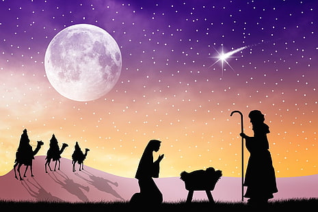 عطلة ، عيد الميلاد ، يسوع ، مريم (أم يسوع) ، القمر ، النجوم ، الحكماء الثلاثة، خلفية HD HD wallpaper