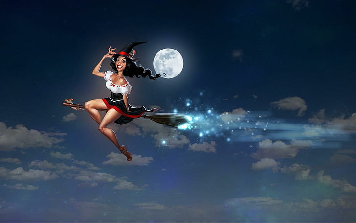Bruja en su escoba bajo la luna llena, bruja volando con arte de escoba, arte digital, 1920x1200, mujer, luna, bruja, escoba, Fondo de pantalla HD