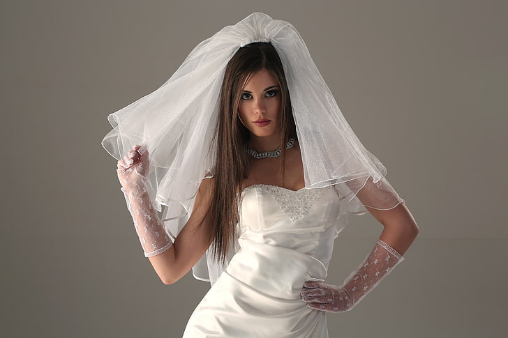 women's white strapless sweetheart neckline wedding dress with matching veil and wedding gloves, face, hair, dress, gloves, the bride, veil, Little Caprice, HD wallpaper