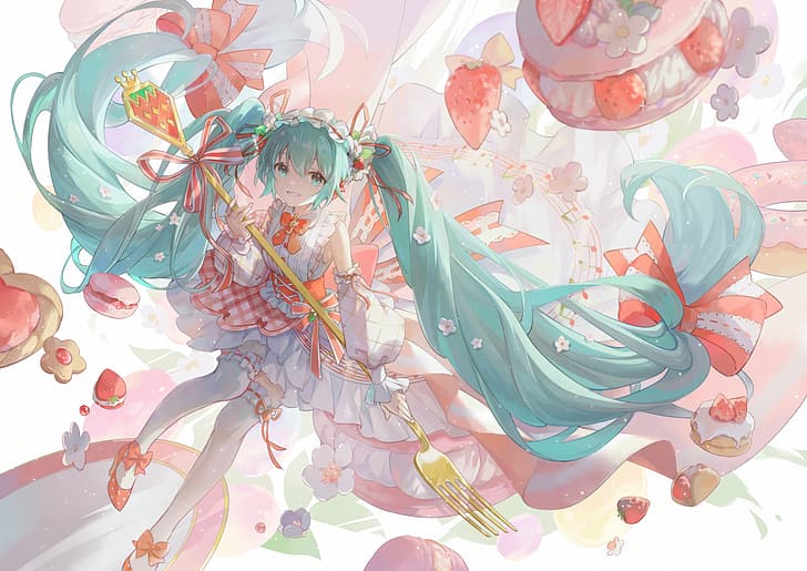 Vocaloid, Hatsune Miku, anime girls, twintails, lolita fashion, smiling, looking at viewer, food, strawberries, musical notes, pastries, turquoise hair, dress, aqua eyes, macarons, fork, fruit, flower in hair, headdress, flowers, detached sleeves, cake, Ouu Min, ribbon, thigh-highs, long hair, bow tie, HD wallpaper