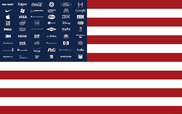 ABD bayrağı, bayrak, markalar, Google, Microsoft, McDonald's, Coca-Cola, Ford, Disney, Amazon, Facebook, Fedex, IBM, Dell, American Express, HD masaüstü duvar kağıdı
