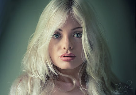 donne, bionda, viso, ritratto, sfondo semplice, Jack Russell, Sfondo HD HD wallpaper