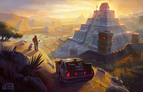 artwork fantasy art back to the future delorean pyramid movies mayan aztec, HD wallpaper HD wallpaper