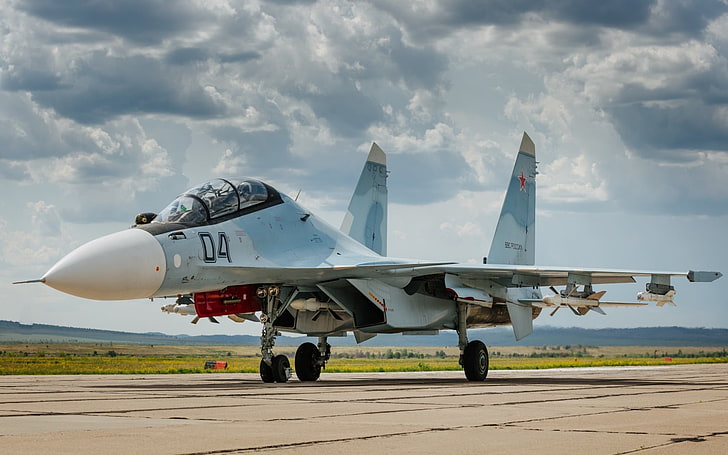 blue and white fighter jet, su-30cm, fighter, aircraft, airfield, HD wallpaper