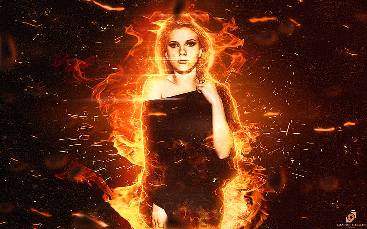 Scarlett Johansson, ogień, Hollywood, ruda, aktorka, kobiety, Tapety HD
