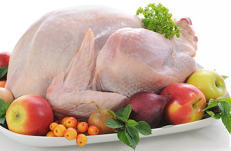 과일 근처 치킨, 닭고기 요리, 테이블, 접시 과일, 야채, 흰색 배경, 고기, HD 배경 화면 HD wallpaper