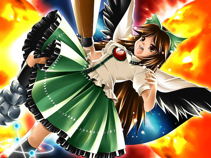 female anime character wallpaper, girl, scream, kick, wings, jump, HD wallpaper