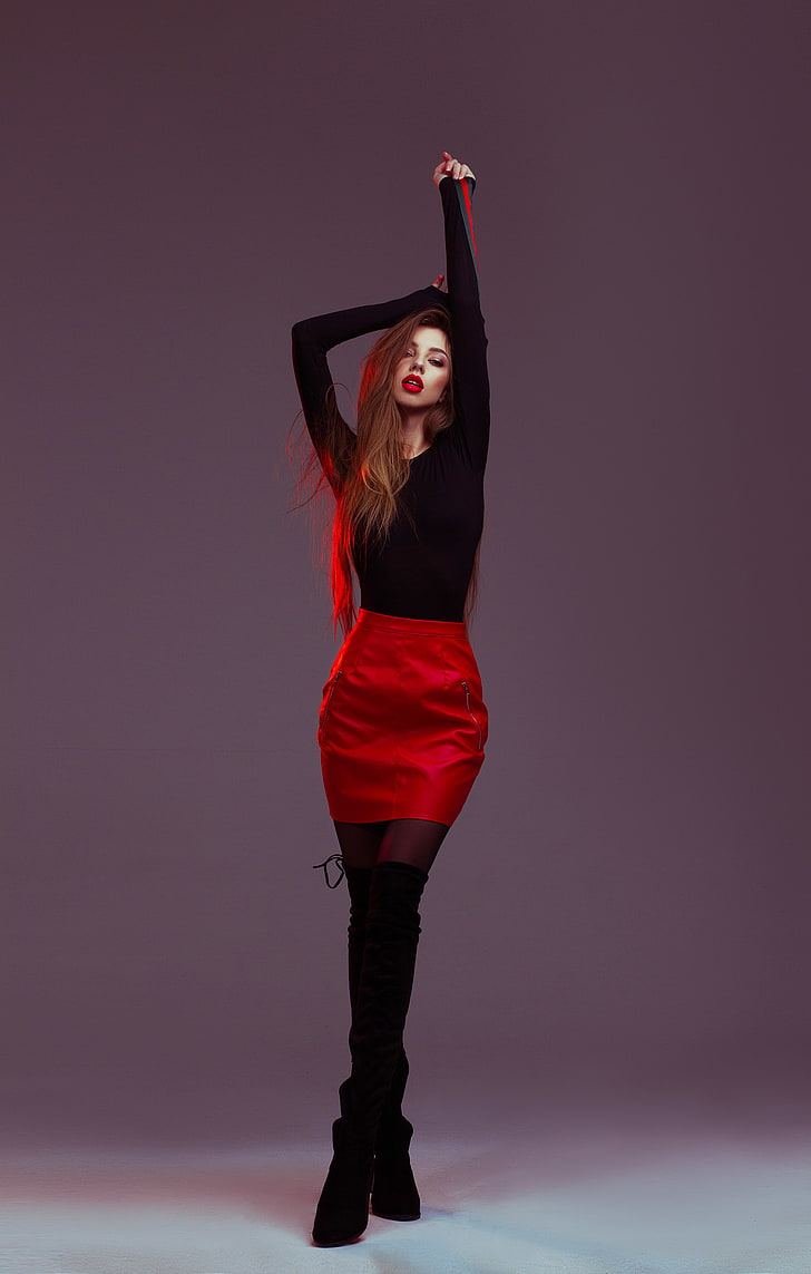 women, model, red lipstick, long hair, red skirt, boots, HD wallpaper
