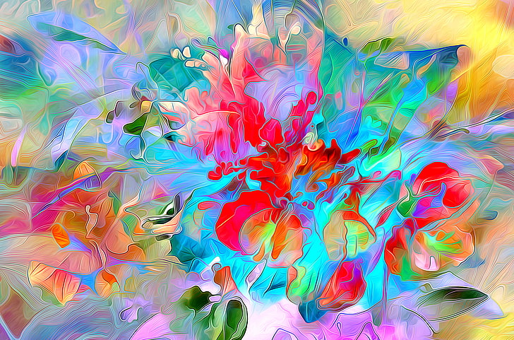 fleurs multicolores peinture, ligne, fleurs, rendu, peinture, pétales, Fond d'écran HD