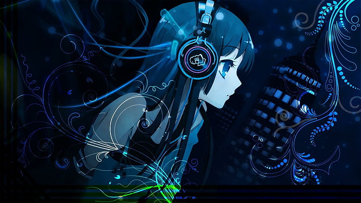 bleu, musique, bleu foncé, casque, anime girl, Fond d'écran HD