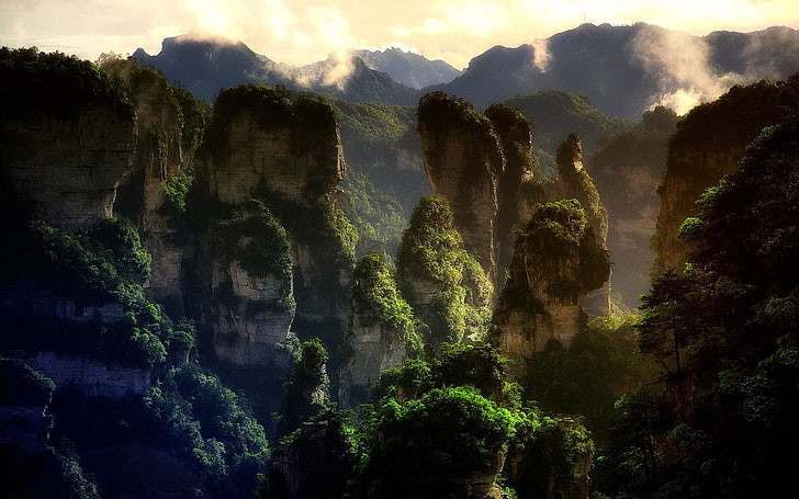 Avatar, China, forest, landscape, Limestone, mist, mountain, nature, rock, sunset, Trees, World Heritage Site, HD wallpaper