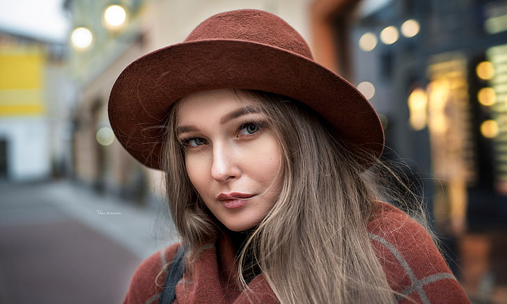 المرأة ، مكسيم رومانوف ، صورة ، قبعة ، عمق المجال، خلفية HD