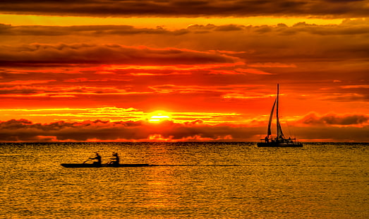 two persons on boat rowing near sailboat during golden hour, Hot Lava, Sky  two, persons, boat rowing, sailboat, golden hour, beach, canoe, d600, fx, fullframe, haleiwa  hawaii, hawaiian  island, nikon  nikkor, oahu, ocean, sun, sunset, tourist, travel, tropical, vacation, water, summer, silhouette, sea, nautical Vessel, nature, sailing, dusk, vacations, sky, sunlight, outdoors, sport, sunrise - Dawn, tranquil Scene, tropical Climate, relaxation, orange Color, HD wallpaper HD wallpaper