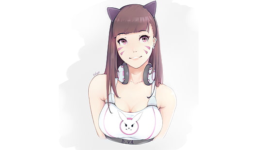 ilustrasi karakter anime wanita, D.Va (Overwatch), Overwatch, belahan dada, nekomimi, headphone, Wallpaper HD HD wallpaper