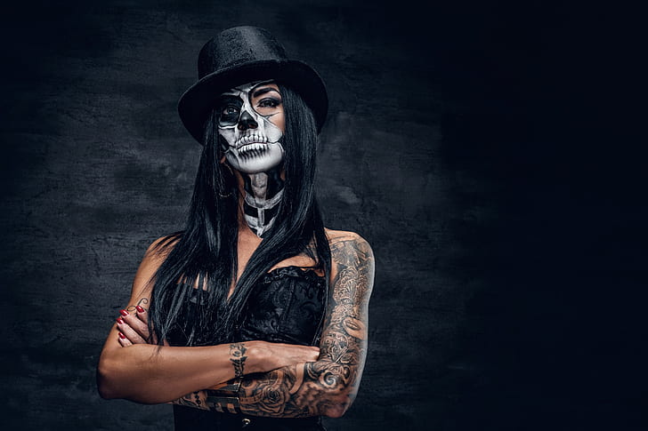woman, look, tattoos, female, makeup, day of the dead, brazos, HD wallpaper