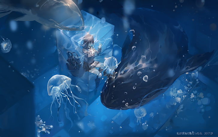 female anime character wallpaper, anime girls, Girls and Panzer, 2017 (Year), underwater, whale, whale shark, Jelly Fish, cyan, blue, artwork, HD wallpaper