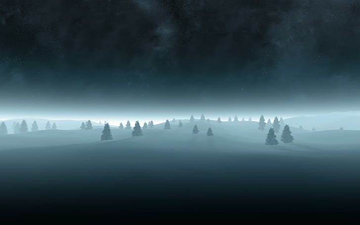 мъгла, зима, пейзаж, небе, нощ, природа, HD тапет
