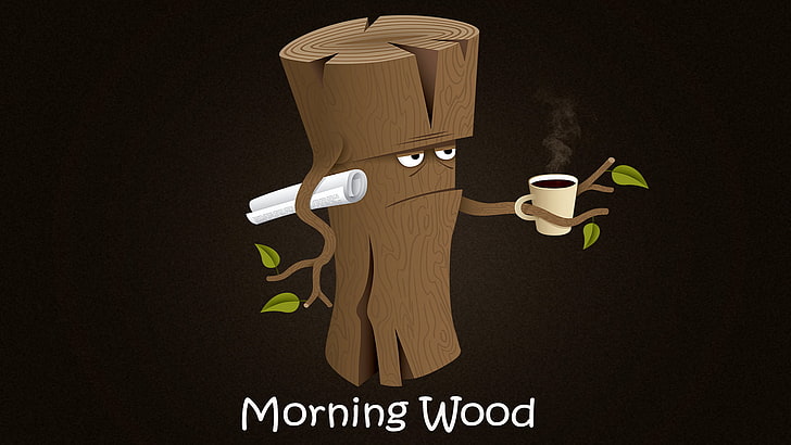 갈색 나무 애니메이션 일러스트, 단순, 목재, 커피, 종이, 유머, 아침, 타이포그래피, HD 배경 화면