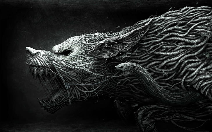 Dunkler Wolf, Fantasie, Wut, Wolf, Dunkelheit, Busch, 3d und Zusammenfassung, HD-Hintergrundbild