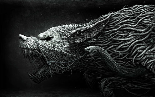 Loup noir, fantaisie, rage, loup, sombre, buisson, 3d et abstrait, Fond d'écran HD HD wallpaper