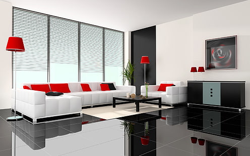 Шикарный дизайн интерьера, дом, гостиная, красный, черный, диван, HD обои HD wallpaper