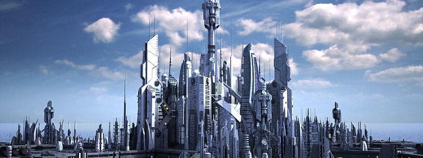 kadr z filmu o wieżowcu, Gwiezdne wrota Atlantydy, drapacz chmur, science fiction, Tapety HD HD wallpaper