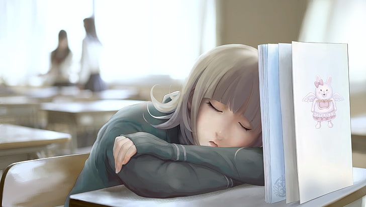 Hembra durmiendo en el escritorio personaje animado, nyarko, niña, libro,  Fondo de pantalla HD | Wallpaperbetter