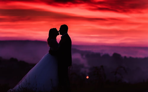 Zwei Liebhaber, Hochzeitspaar stehend, Liebe, Sonnenuntergang, Liebhaber, Braut, Bräutigam, Jäten, HD-Hintergrundbild HD wallpaper