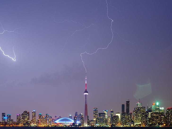 panoramic view of city buildings during night, cn tower, cn tower, CN Tower, Lightning, panoramic view, city, buildings, night, Toronto, weather, skyline, lightning bolt, Landscape, Photo, Lightning Strike, Ontario, Canada, bolt, electric, zap, electricity, dark, wow, amazing, cityscape, urban Skyline, asia, tower, skyscraper, urban Scene, architecture, famous Place, sky, HD wallpaper