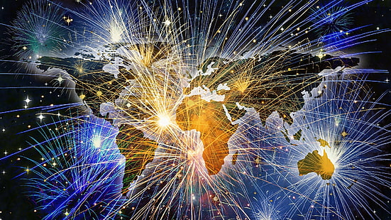 fogos de artifício, mapa do mundo, mapa, véspera de ano novo, ano novo, feliz ano novo, HD papel de parede HD wallpaper