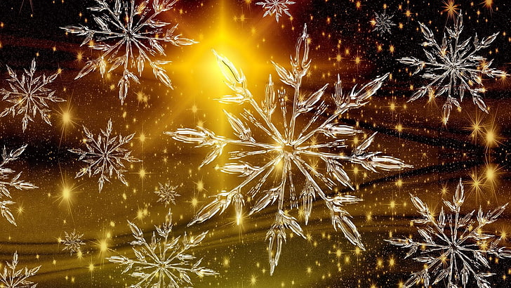 Коледа, леден кристал, кристал, снежинка, блясък, блясък, злато, светлина, HD тапет