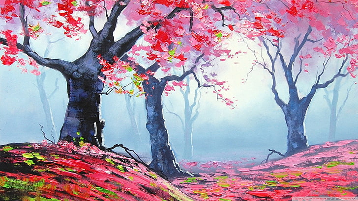 albero a foglie rosa, pittura, rosa, foresta, Graham Gercken, caduta, Sfondo HD