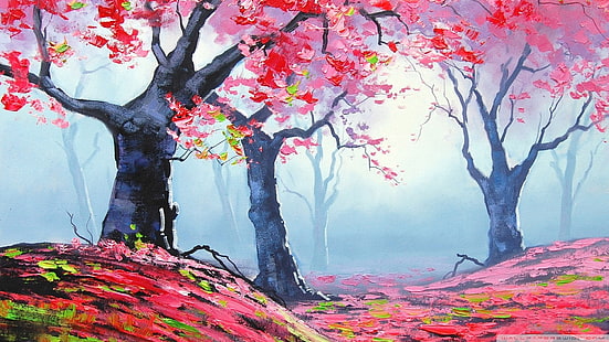 albero a foglie rosa, pittura, rosa, foresta, Graham Gercken, caduta, Sfondo HD HD wallpaper