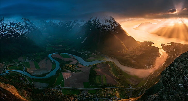 mountain with river flowing during golden hour, sunset, Norway, field, road, mountains, clouds, sun rays, town, snowy peak, bay, valley, nature, landscape, river, panorama, HD wallpaper
