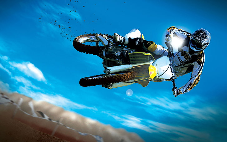 vit och gul motocross smuts cykel, himlen, motorcykel, motocross, HD tapet