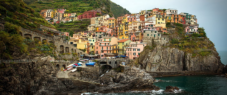 wioska rybacka, pejzaż miejski, przystań, Manarola, Włochy, miasto, Cinque Terre, Tapety HD