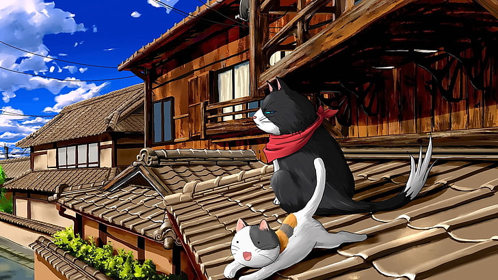Anime, Katze, asiatische Architektur, HD-Hintergrundbild