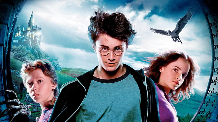 camisa de hombre con cuello redondo en blanco y negro, Harry Potter, películas, Daniel Radcliffe, Emma Watson, Rupert Grint, Harry Potter y el prisionero de Azkaban, Fondo de pantalla HD