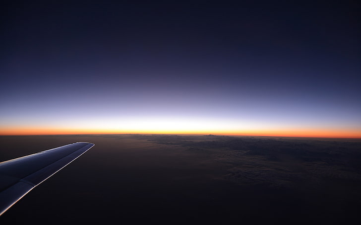 white airplane wing, landscape, horizon, sunrise, sky, airplane wing, HD wallpaper