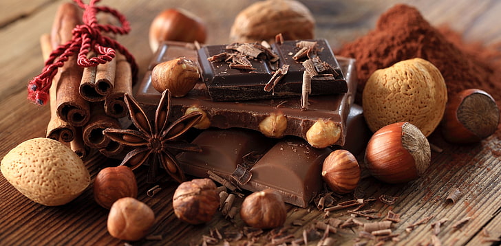 chocolate bars, spices, and nuts, black, chocolate, nuts, cinnamon, dessert, slices, sweet, chips, cocoa, milk, star anise, Anis, HD wallpaper
