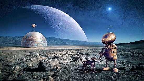 robot, fantasy, planet, scifi, sky, science fiction, space, world, universe, HD wallpaper HD wallpaper