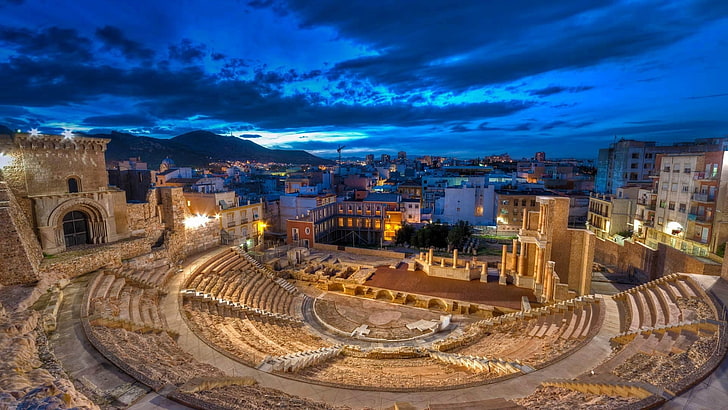 cartagena, tourist attraction, historic site, tourism, night, architecture, europe, ancient, evening, spain, HD wallpaper