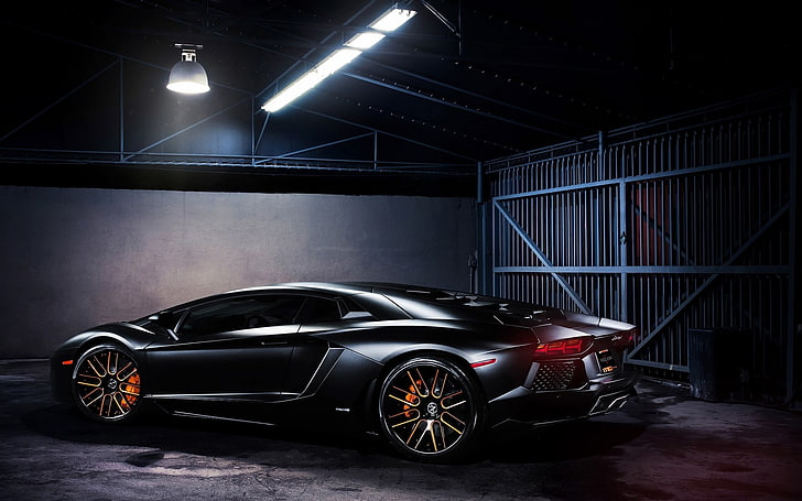 black supercar, Lamborghini Aventador, car, black cars, vehicle, Super Car , lamp, HD wallpaper