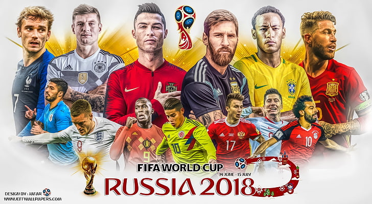 WORLD CUP 2018, plakat FIFA World Cup Russia 2018, Sport, Piłka nożna, FIFA, Lionel Messi, Real Madryt, Cristiano Ronaldo, Neymar, Mistrzostwa Świata 2018, Mistrzostwa Świata 2018 Rosja, Tapety HD