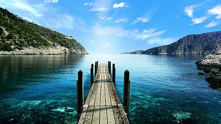 natureza, céu, mar, água, cais, cais, costa, baía, verão, céu azul, Grécia, HD papel de parede