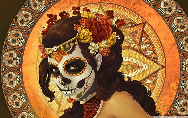 kobieta z tapetą z maską cukrowej czaszki, kolorowa, brunetka, starożytna, malarstwo, Sugar Skull, farba do twarzy, kobiety, Dia de los Muertos, sztuka cyfrowa, grafika, wzór, mozaika, czaszka, kwiaty, Meksyk, kwiat we włosach, kręcone włosy, malowanie ciała, straszne, catrina, fantasy girl, fantasy art, Tapety HD