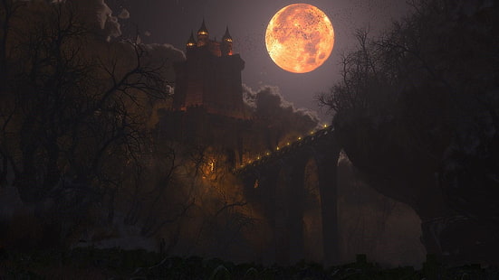 luna, castello dracula, notte, dracula, cielo, oscurità, castello, halloween, luna piena, chiaro di luna, arte, mezzanotte, evento celeste, paesaggio, Sfondo HD HD wallpaper