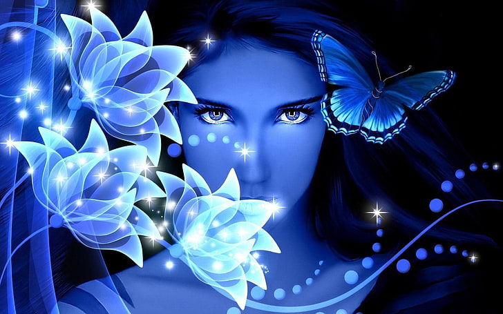 Artistic, Butterfly, Blue, Flower, Girl, Sparkles, Woman, HD wallpaper