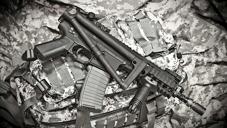 fucile d'assalto nero, pistola, AR-15, SMG, mitragliatrice secondaria, monocromatica, Sfondo HD